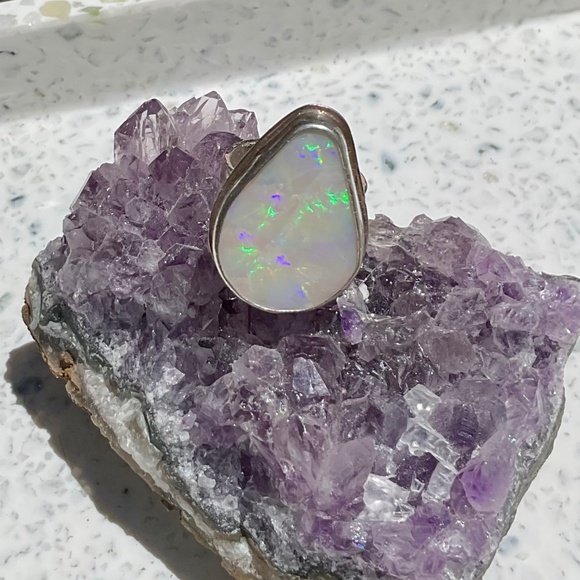 Handcrafted Jewelry - Ethiopian Opal Tear Shaped Ring in Solid Sterling Silver 925 Statement  Size 8